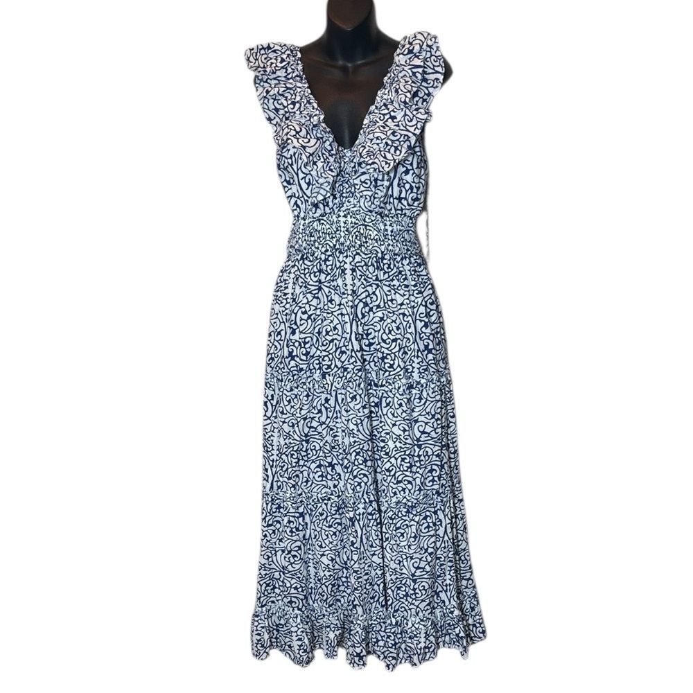 Caroline constas women’s small maxi dress ruffle tiered smock patterned